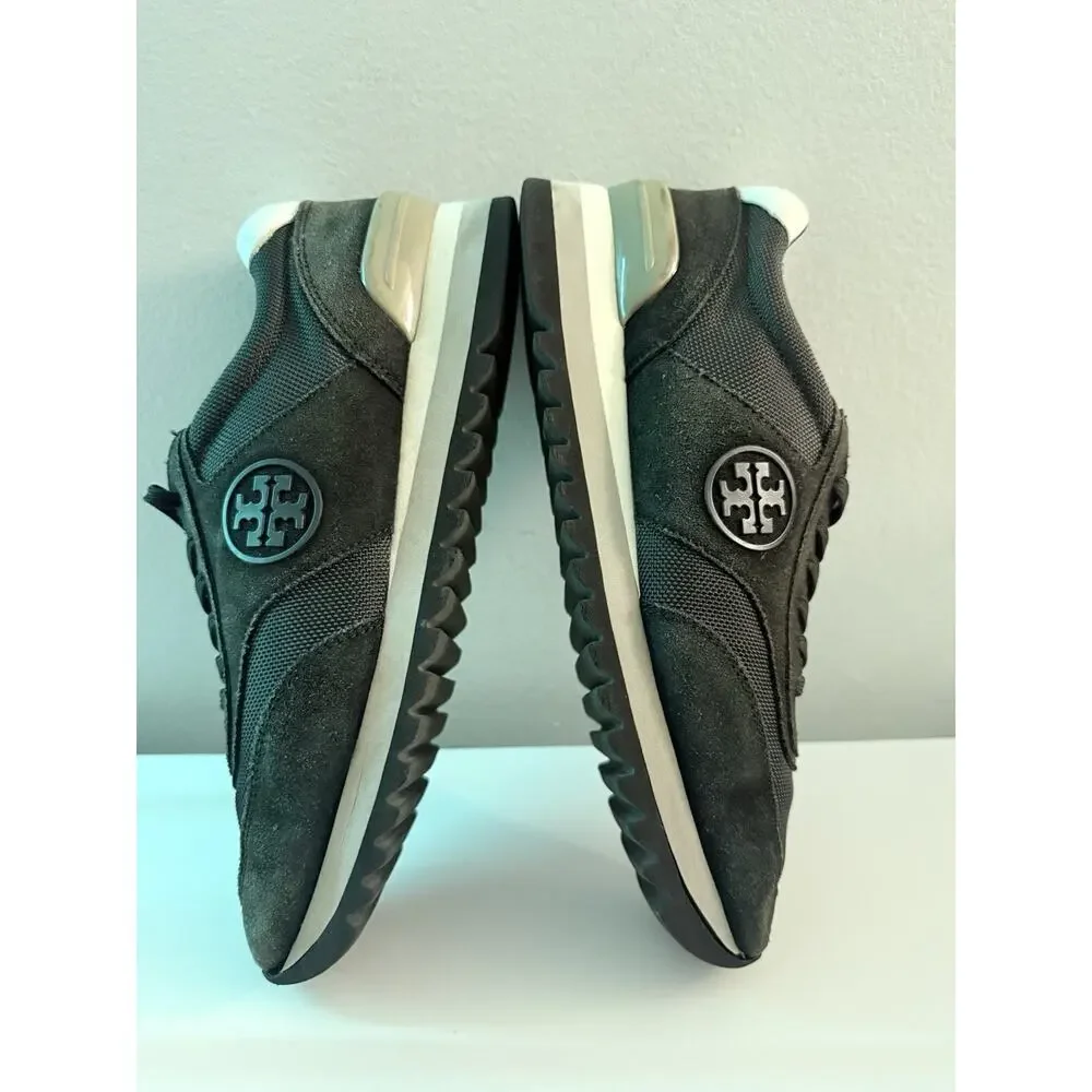 Tory Burch Women’s Sawtooth Logo Sneakers Black Suede Lace-Up Size 9